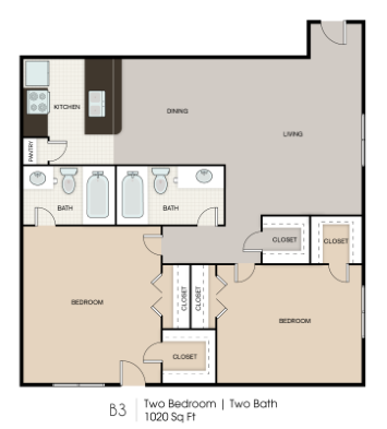 Floor plan for 2 beds, 1 bath, 1020 sqft